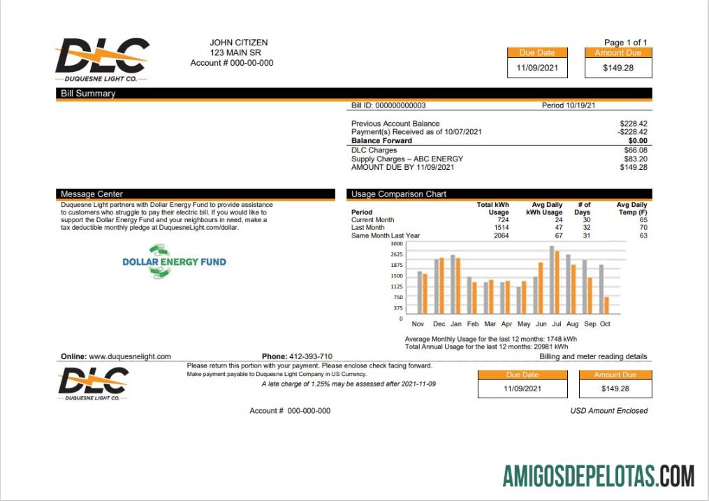realista Modelo de conta de serviços públicos da USA Pennsylvania Duquesne Light Company (DLC) em formato Word e PDF